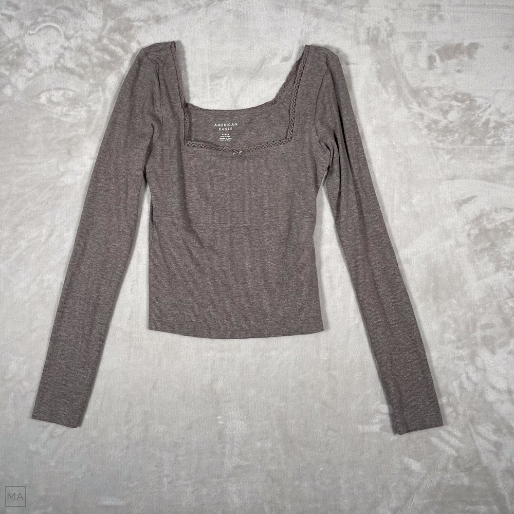 American Eagle Women's Tops Ribbed Square Neck Y2K Fitted Casual M Brown